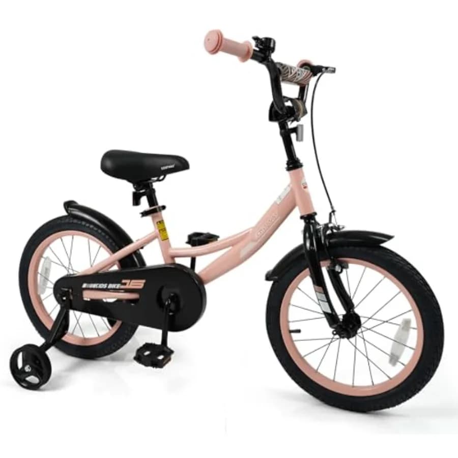 Bici da 16 pollici per bambini di 3-8 anni con ruote da allenamento rimovibili Doppi freni Sedile regolabile e altezza manubrio Bicicletta rosa per