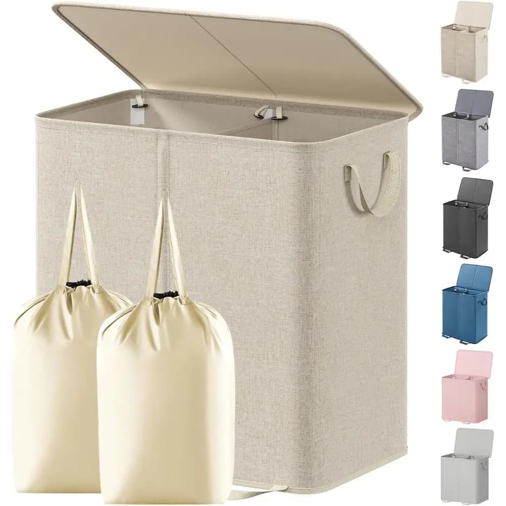 Grande Cesto per Bucato Pieghevole a 2 Sezioni con Coperchio e Sacchi Rimovibili, 136L Beige