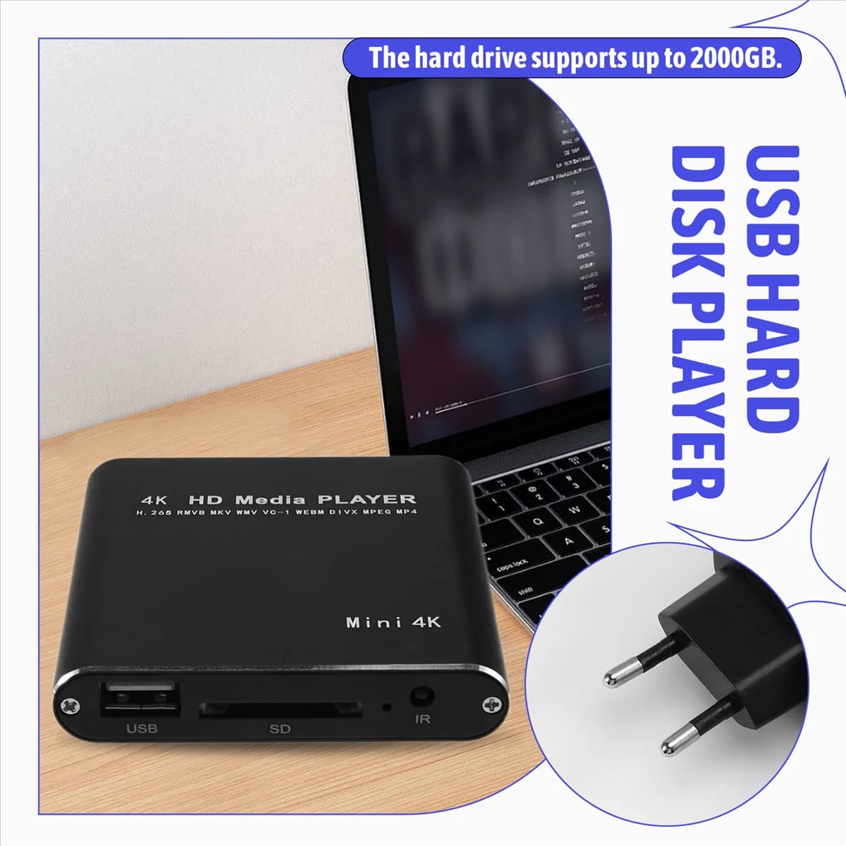 Lettore multimediale Lettore multimediale esterno USB Full HD 4K TV Box con lettore multimediale HDD SD Spina UE