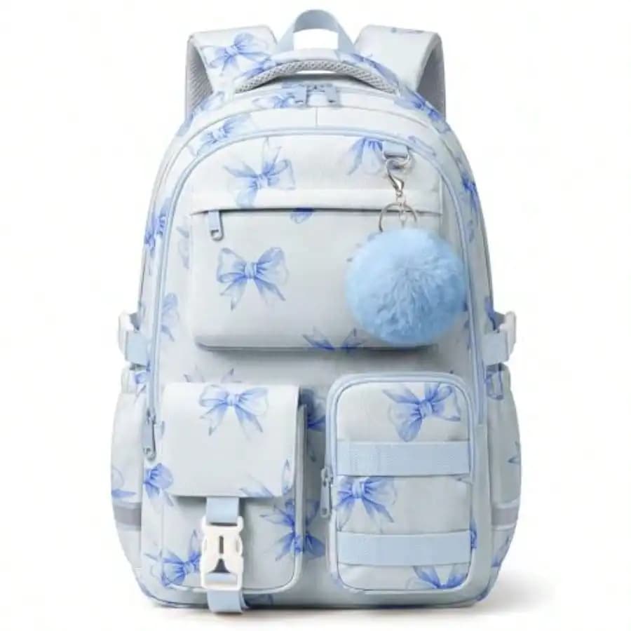 Cute Bow Backpack For Teen Girls, Large Capacity Multi-Pocket School Bag Fits 15.6 Laptop, Lightweight Durable Daypack For School And Travel Blue Bow, M