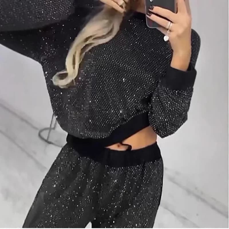 Abito glitter autunnale Moda invernale Camicetta lucida a maniche lunghe Top + Pantaloni con coulisse Set Casual Donna Abbigliamento sportivo Tuta a due pezzi