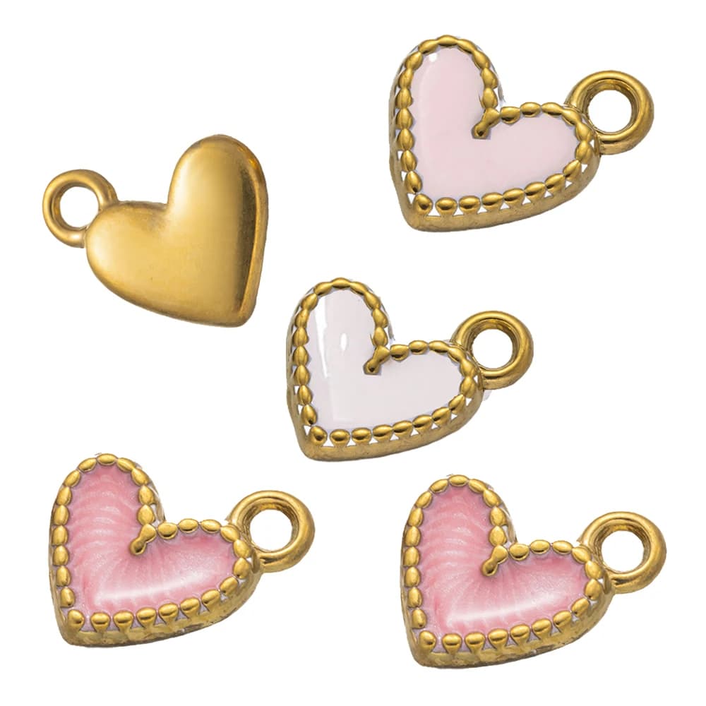 5pcs Gold Stainless Steel Pink Heart Enamel Charms Dangle Pendant for DIY Bracelet Necklace Earrings Supplies Jewelry Making