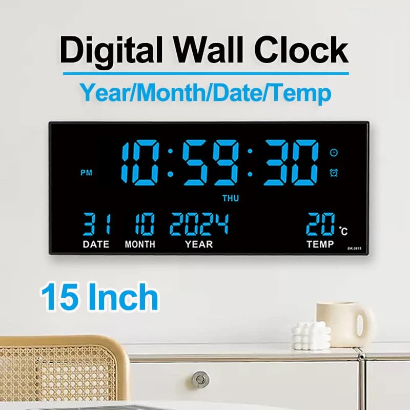 Orologio da parete digitale di grandi dimensioni Sveglia Temperatura Data Calendario Display 8 set di sveglie Orologio elettronico a LED da 14 pollici Plug in