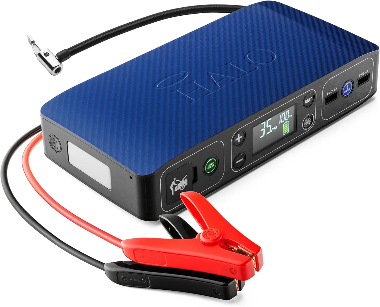 Avviatore portatile per auto con compressore d'aria, Power Bank USB, luce di emergenza - Approvato TSA Blu