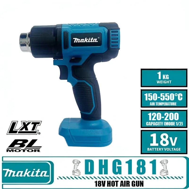Makita DHG181 Pistola Termica a Batteria 18V, Max 550°C ° Pistola ad Aria Calda per Saldatura e Termoretrazione, Utensile Elettrico Ricaricabile Senza Fili