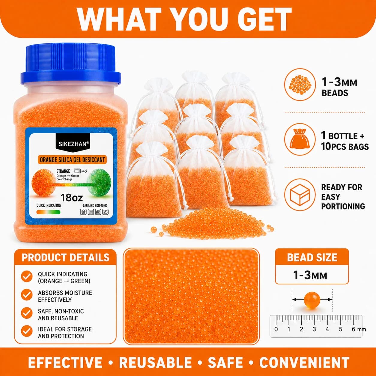 SIKEZHAN 18oz Orange Indicating Silica Gel Beads with 10 Drawstring Bags, Reusable Moisture Absorber for Closets & Shoe Storage
