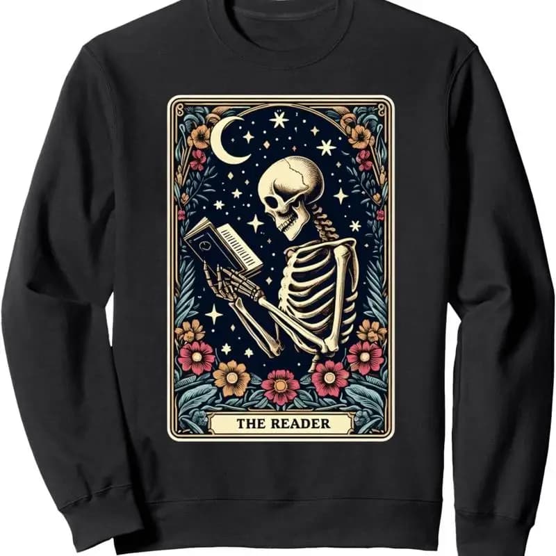 Maglietta The Reader Tarot Card Scheletro Libro di lettura Bookworm Bookish Sweat