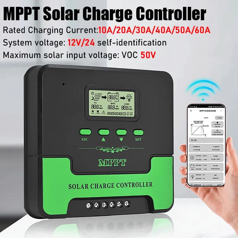 Regolatore di carica solare MPPT remoto Wifi 10A 20A 30A 40A 50A 60A 12-24V Regolatore per batterie al litio al piombo acido Sistema solare
