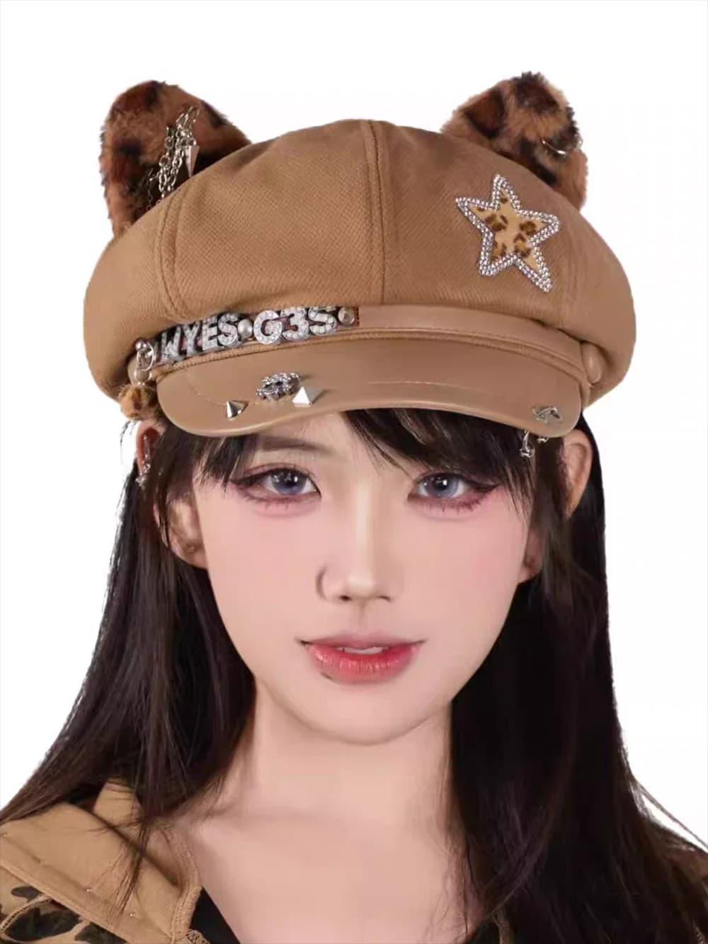 Creative Punk Style Rivet Leather Buckle Design Leopard Cat Ear Berets Y2K Spring Autumn Street Personality Niche Women's Hat