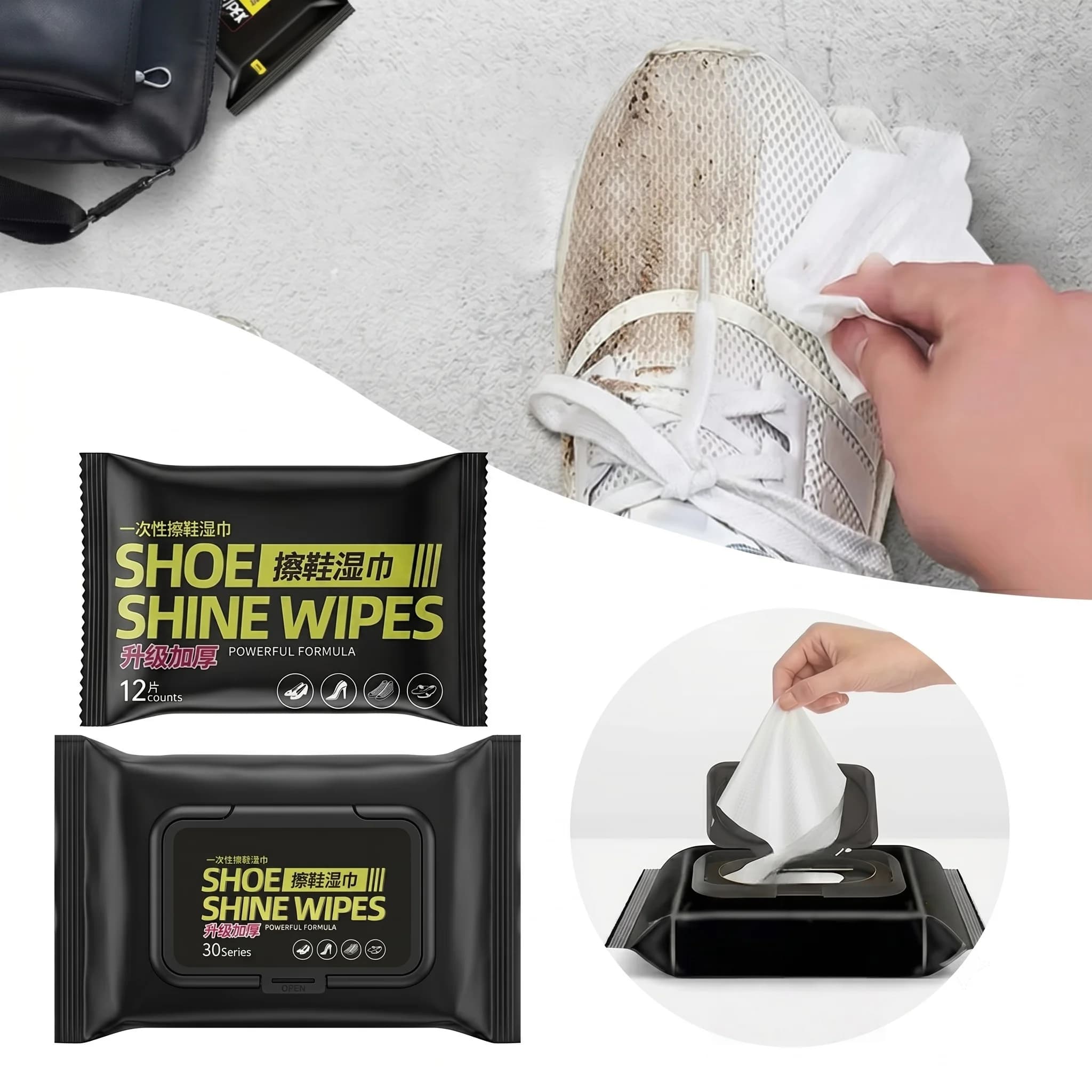 Disposable Sneaker Cleaning Wipes Pack of 12 or 30 for White Shoes Quick Stain Remover Portable Travel Wet Wipes for Shoe Care