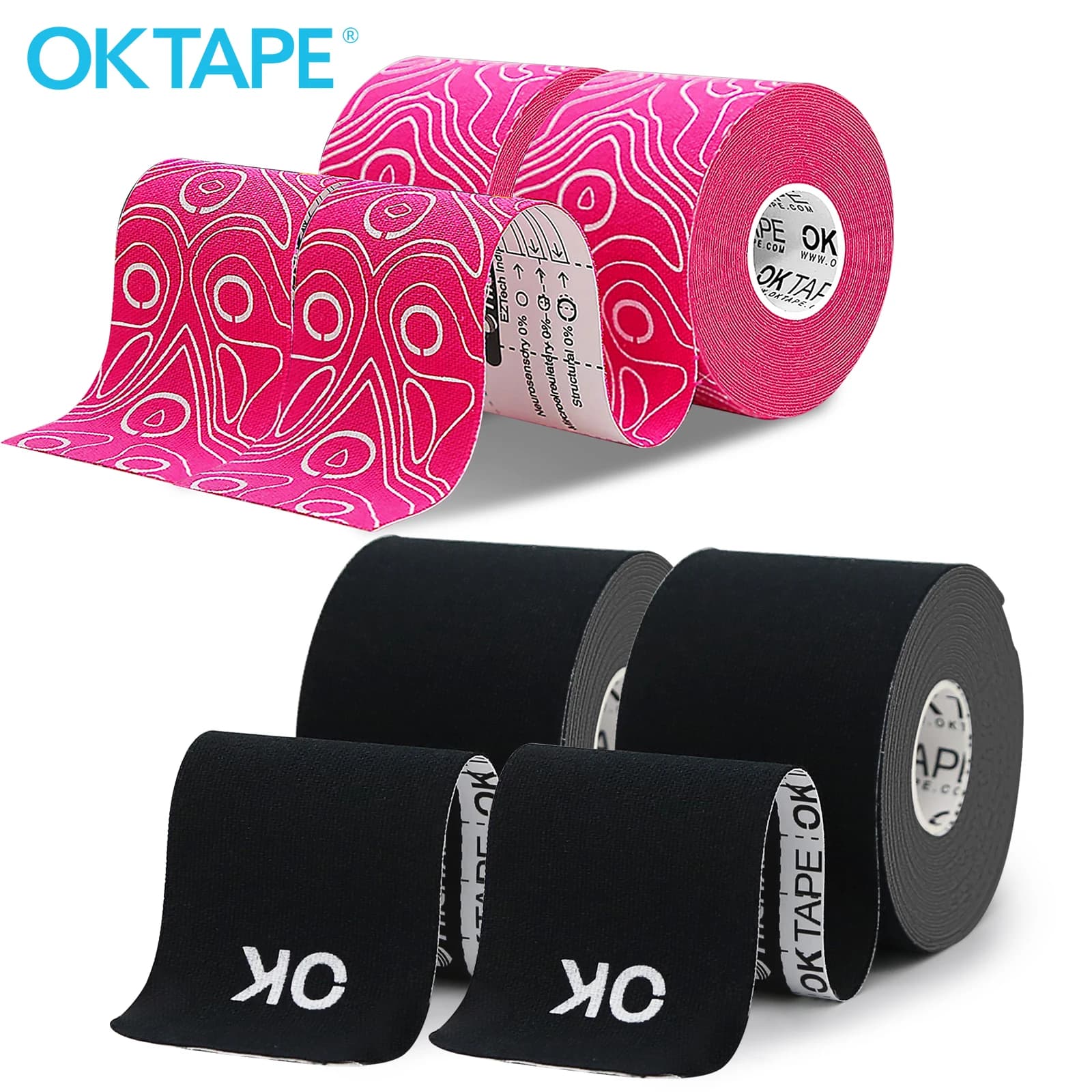 OK TAPE Kinesiology Tape 4 rotoli 5CM x 5M, 2Pro + 2Classic pretagliato, nastro elastico in cotone atletico, impermeabile traspirante senza lattice