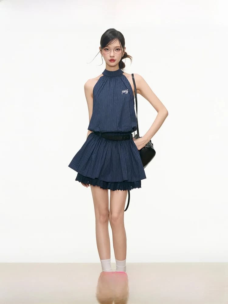 WESTAYONE Summer New Elegant Women's Sleeveless Neck Hanging Dress Commute Polyester Fiber Vest Dress City Commuting