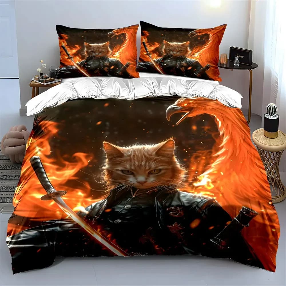 Set decorativo Fiery Cat Samurai, set di biancheria da letto con copripiumino morbido e confortevole, include 1 copripiumino e 2 federe, regalo
