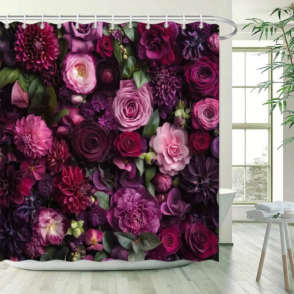 Tenda da doccia 1 pezzo: composizione floreale lussuosa con rose vellutate e Dahlias in viola, rosa, magenta, vivace per la casa
