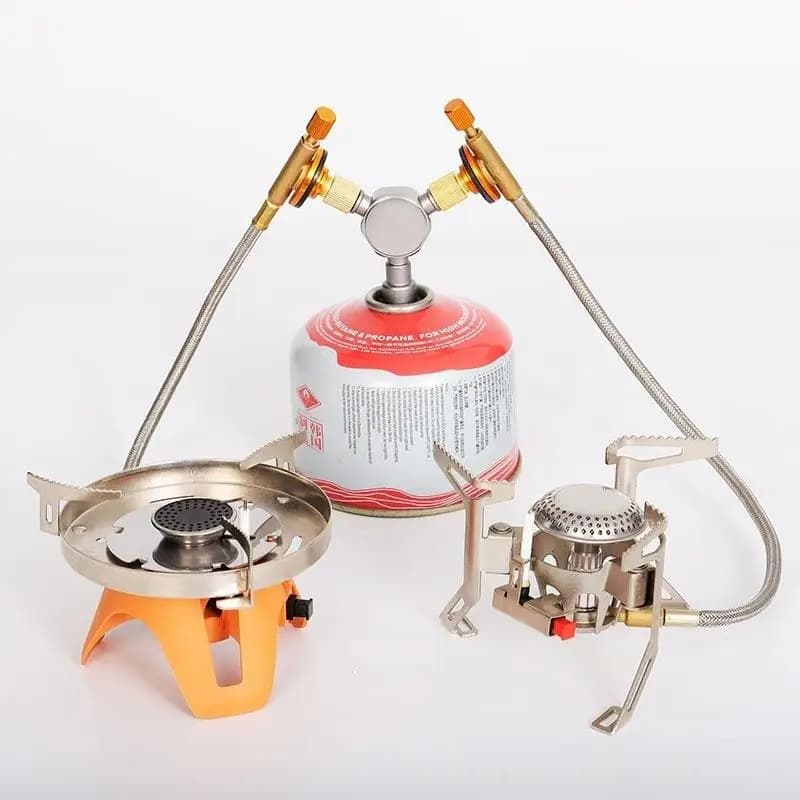Two-way adapter for outdoor camping stove with gas distributor connector; Two separate exits for kitchen utensils for excursions 1/2 pieces
