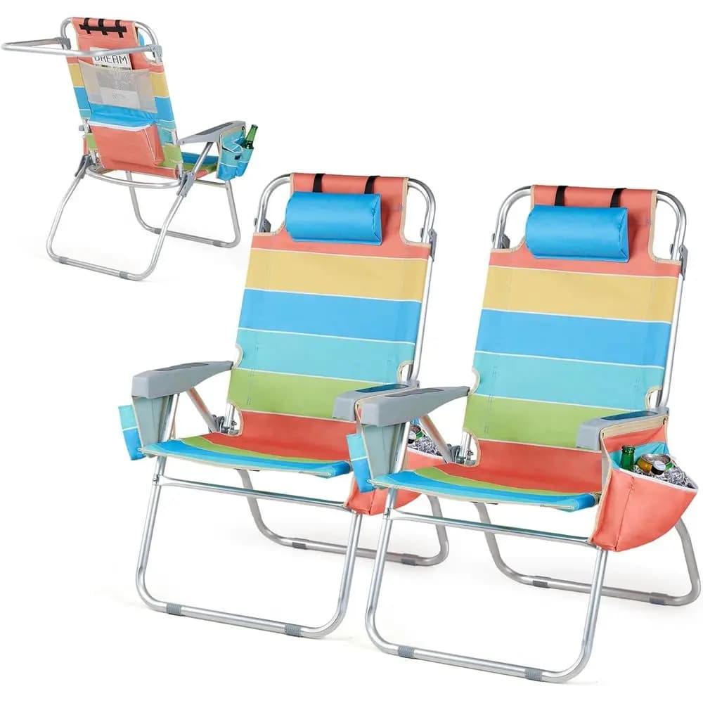 Set di 2 sedie da spiaggia con regolazione a 5 posizioni, tasca termica, portabicchieri, portasciugamani, leggere per spiaggia e campeggio (R