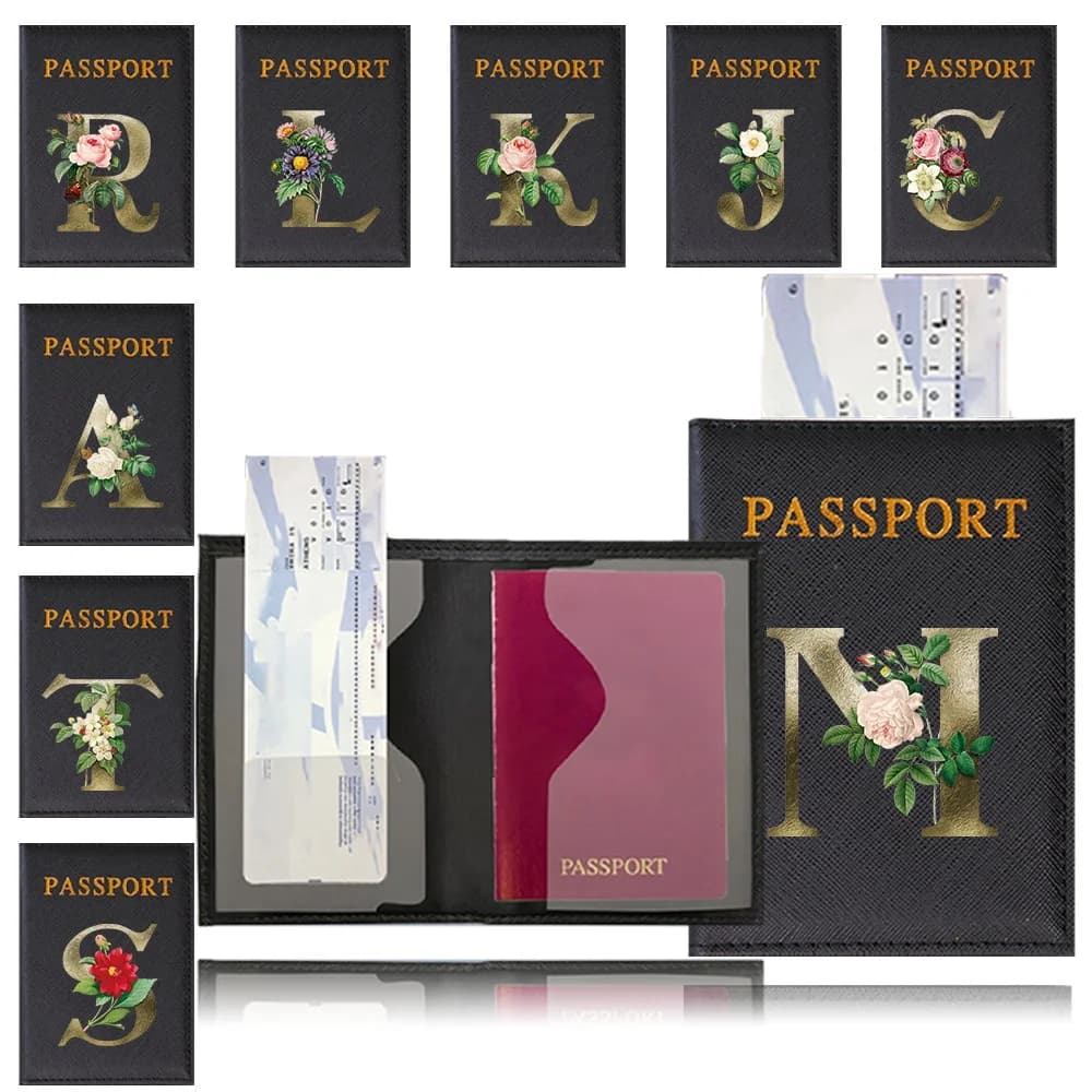 Custodia per Passaporto in PU Impermeabile, Porta Carte di Credito Nero, Custodia Protettiva con Stampa Serie Fiori Dorati