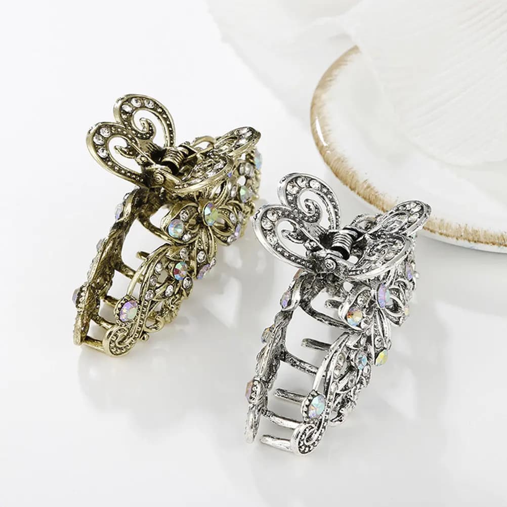 2Pcs Vintage Claw Clips for Women Rhinestone Alloy Hair Claws Strong Tooth Design for Thick Thin Long Hair Office Party Travel