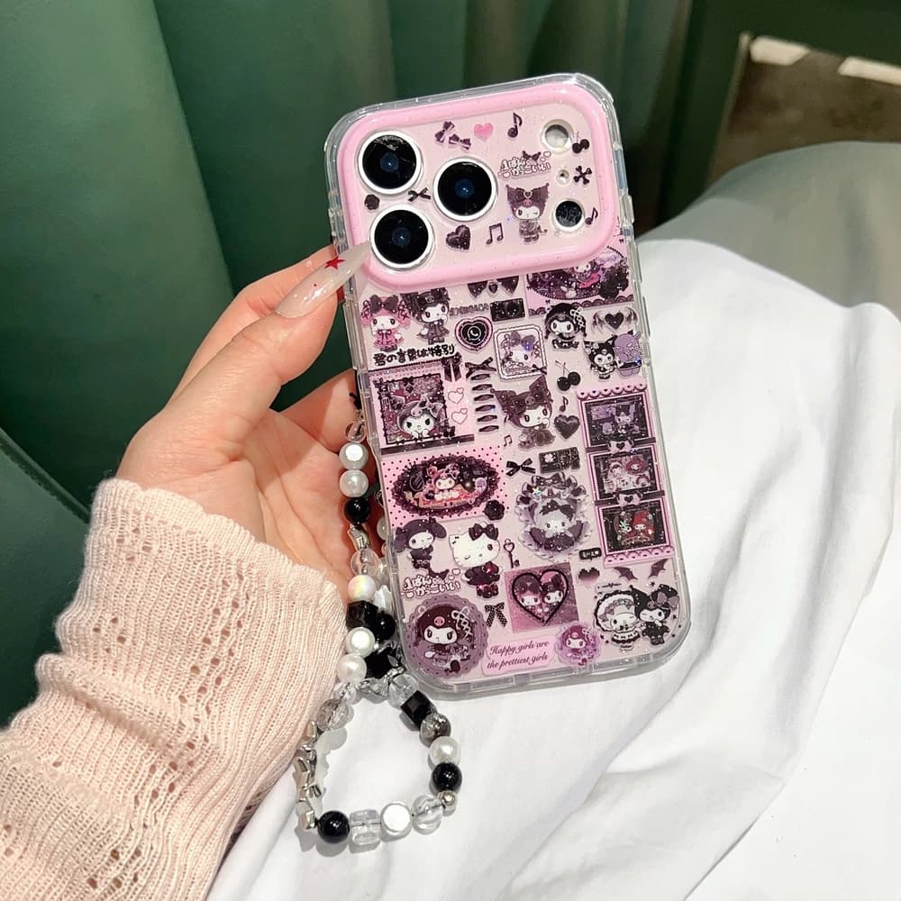 Custodia per telefono alla moda giapponese con cartone animato Sanrio Kuromi per iPhone 17 16 15 14 13 Pro Max, cover rigida antiurto con cordino