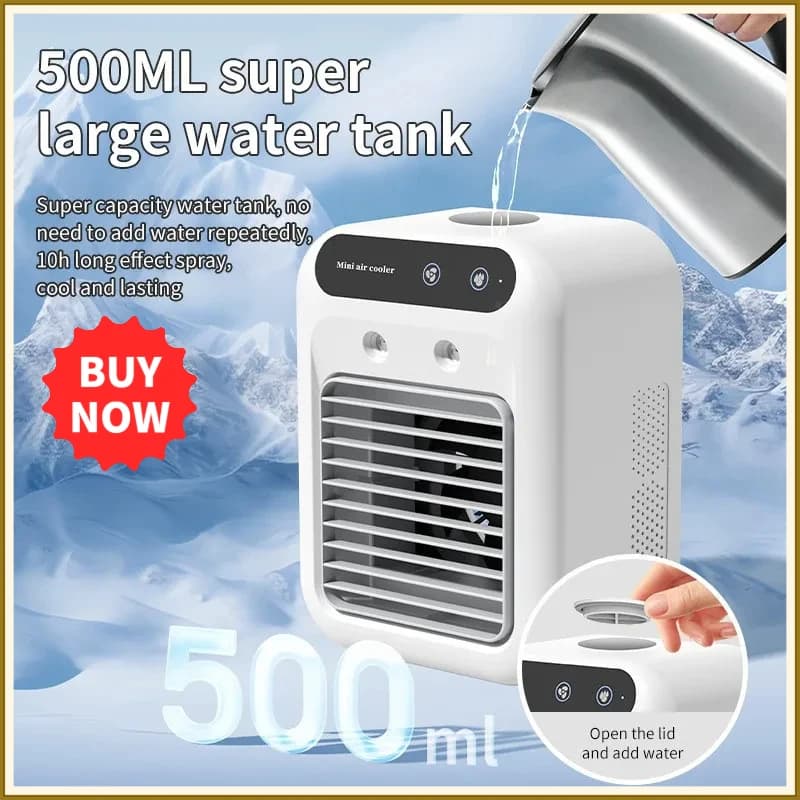 Portable mini desktop air conditioner fan, low noise, powerful humidifier and cooling function, USB charging, transparent design
