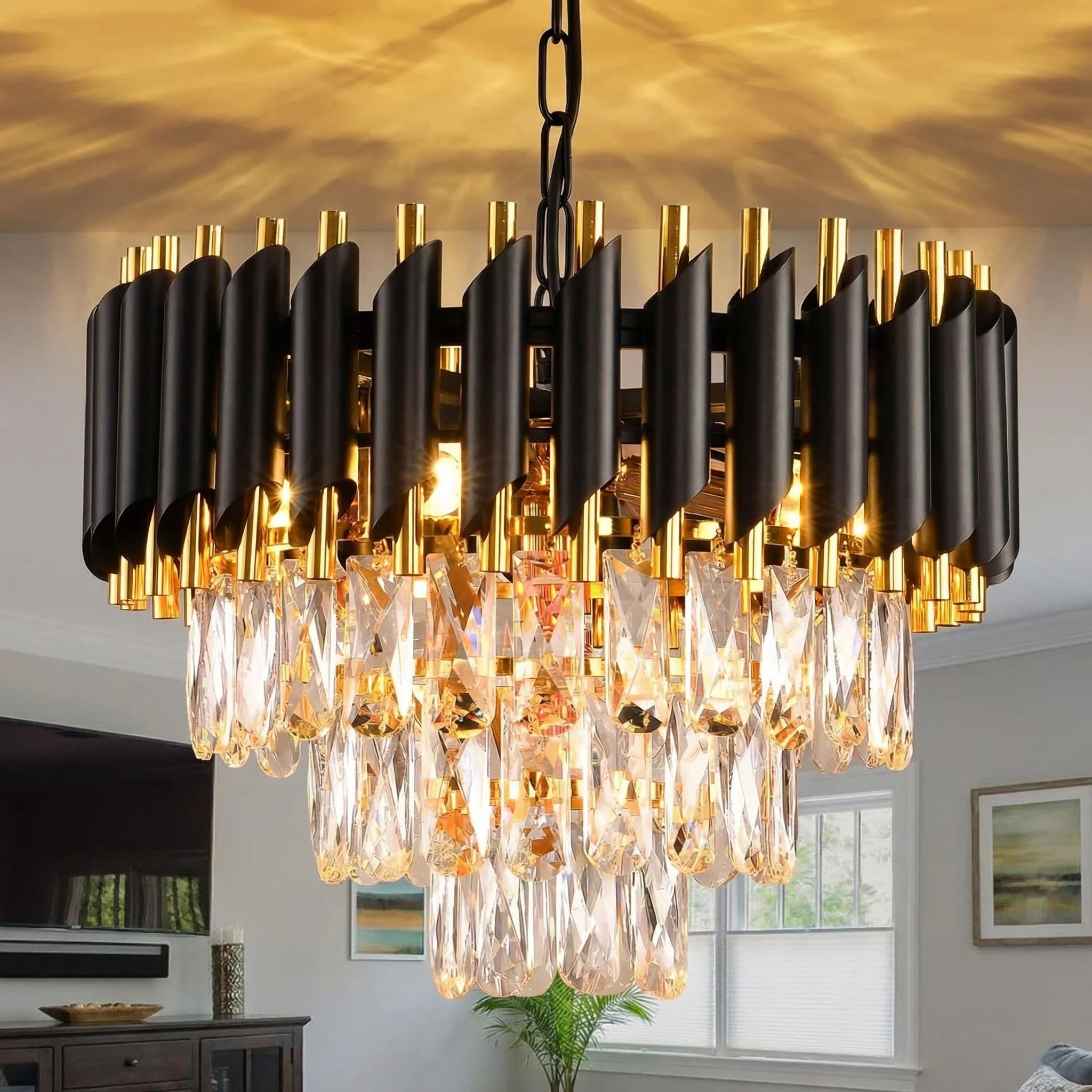 Lampadario moderno in cristallo nero e oro, lampada a sospensione con catena regolabile - sala da pranzo/soggiorno/camera da letto/ingresso