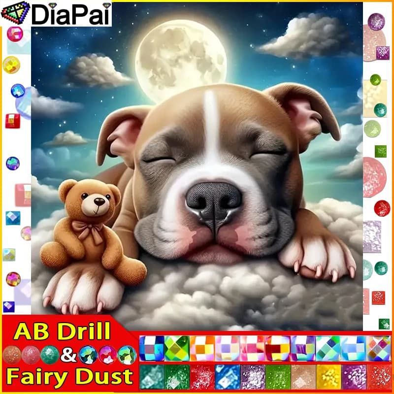 DIAPAI Fairy Dust AB Full Diamond"Dog Animal Moon"DIY 5D Diamond Painting Cross Stitch Home Decor Picture Of Rhinestone Handmad