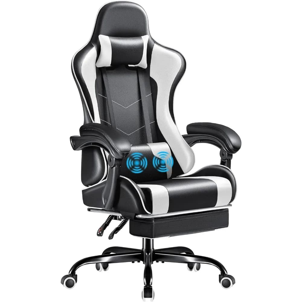 Sedia da gioco Furmax, sedia per videogiochi con poggiapiedi e supporto lombare per massaggi, poggiatesta per computer regolabile in altezza del sedile girevole