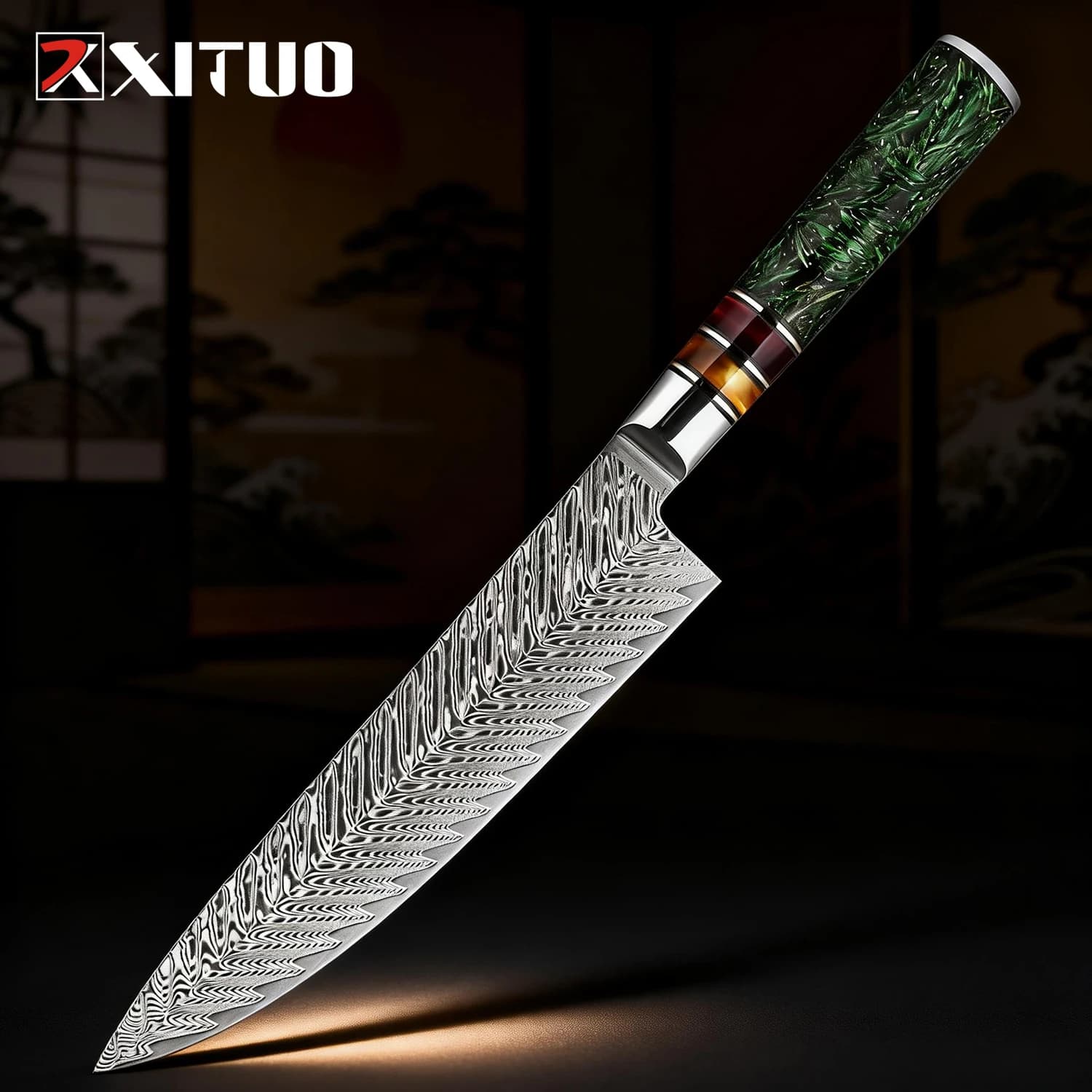 Coltello da chef professionale XITUO da 8 pollici - Coltello da cucina affilato con lama in acciaio Damasco, coltello Gyuto con impugnatura ergonomica in resina di lolla di riso