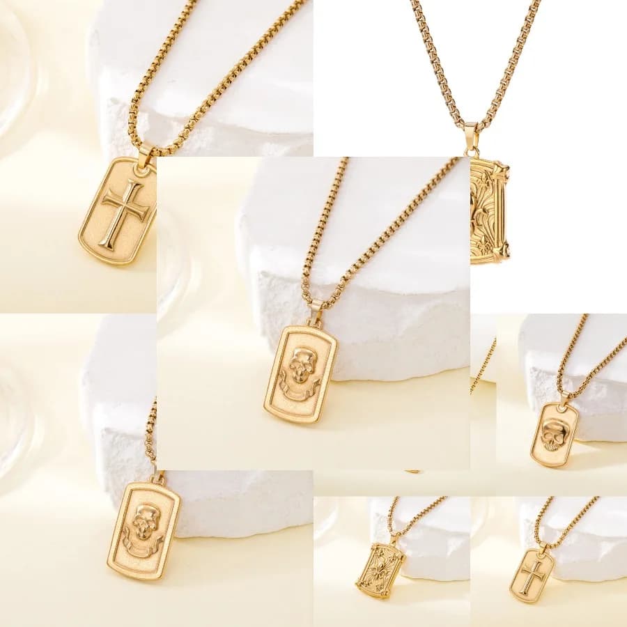 European and American cross-border trend stainless steel die casting square gold pendant necklace retro light luxury long sweat