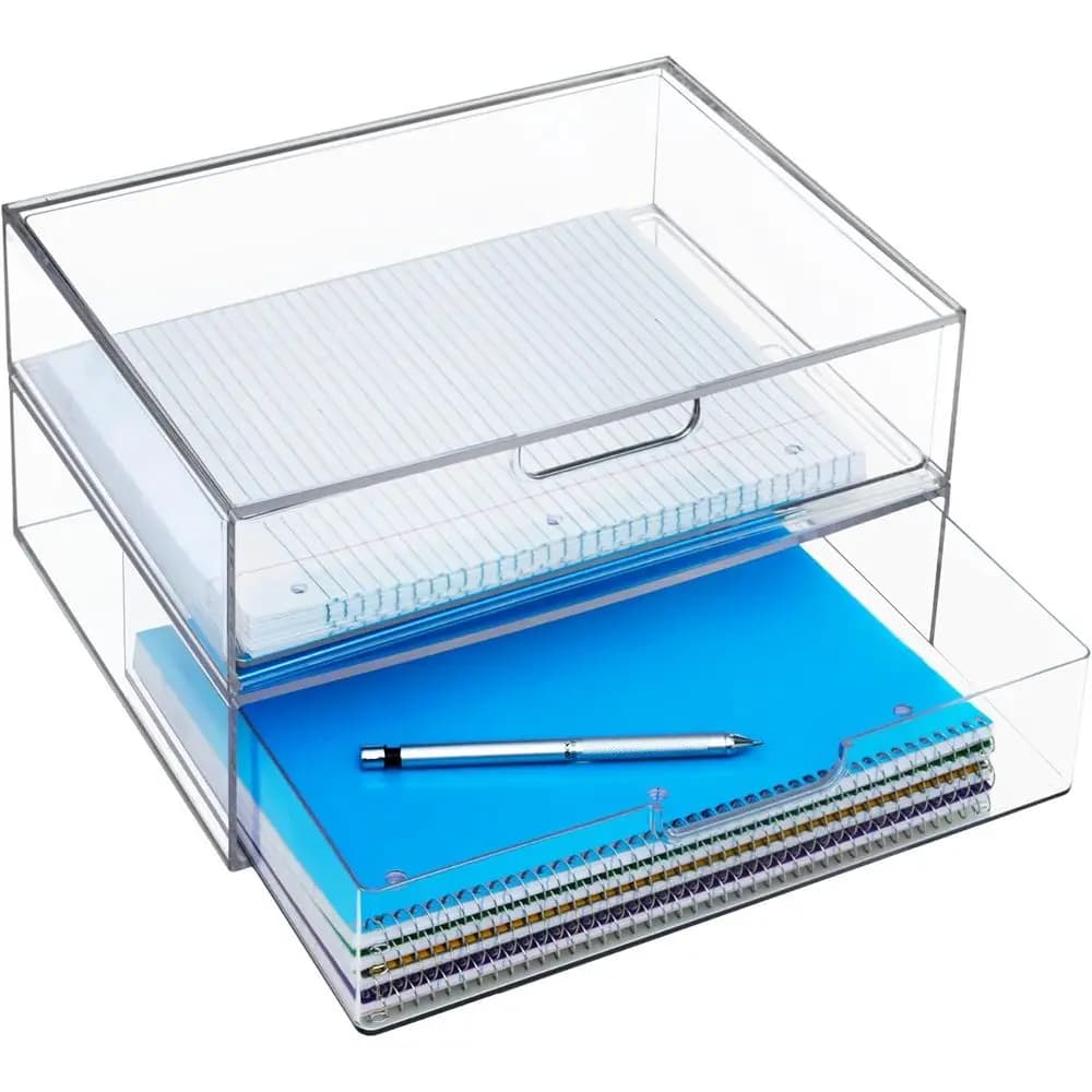 Organizzatore Impilabile in Plastica STAX (Set di 2) Trasparente | 12,5 pollici di larghezza | Set Include Due Der Open (o Der Open) Diversi | Organizza gli accessori e gli oggetti della scrivania