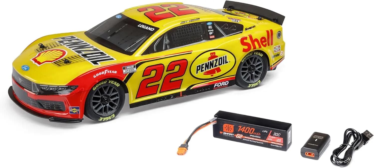 Losi 1/12 NASCAR RC Race Car Joey Logano No. 22 2025 Shell-Pennzoil Ford Mustang 2S AWD RTR Brushed On-Road Battery & Charger In