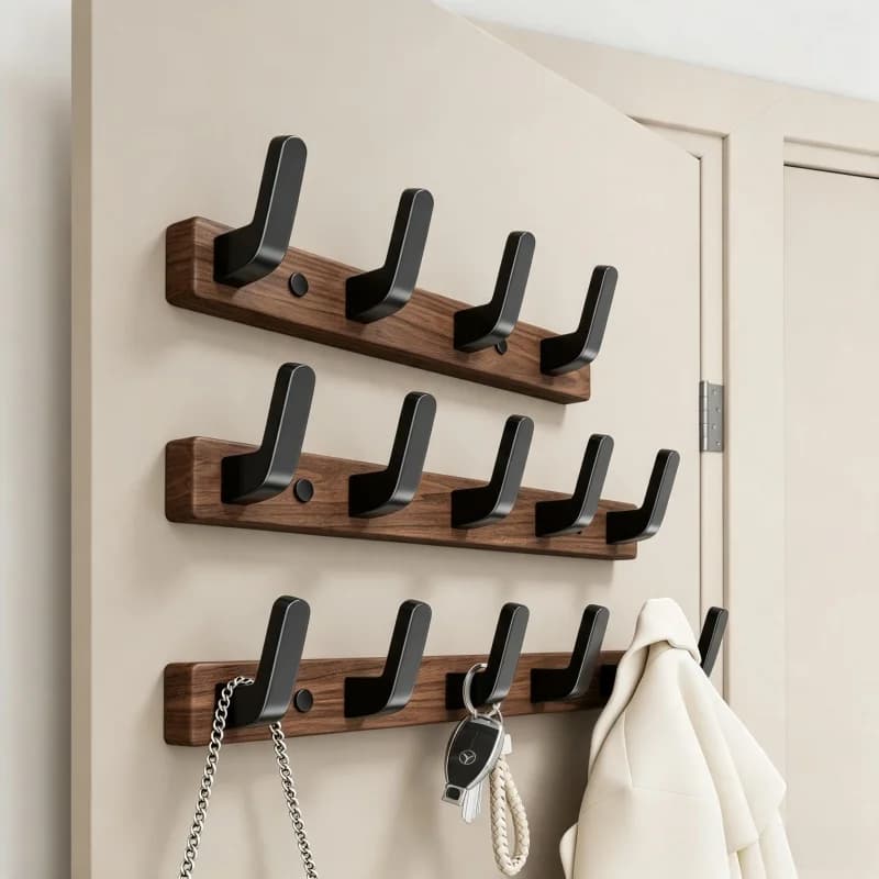 Mid-Century Walnut Door Back Hook Clothes Hanger, Drill-Free Wall Mount Garment Rack for Entryway & Wardrobe Side