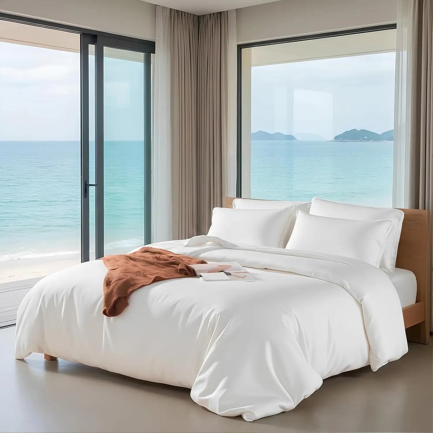 Ultra Soft Cooling Duvet Cover Queen Set - 100% Bamboo Viscose, Zipper & 8 Corner Ties, White, 90x90