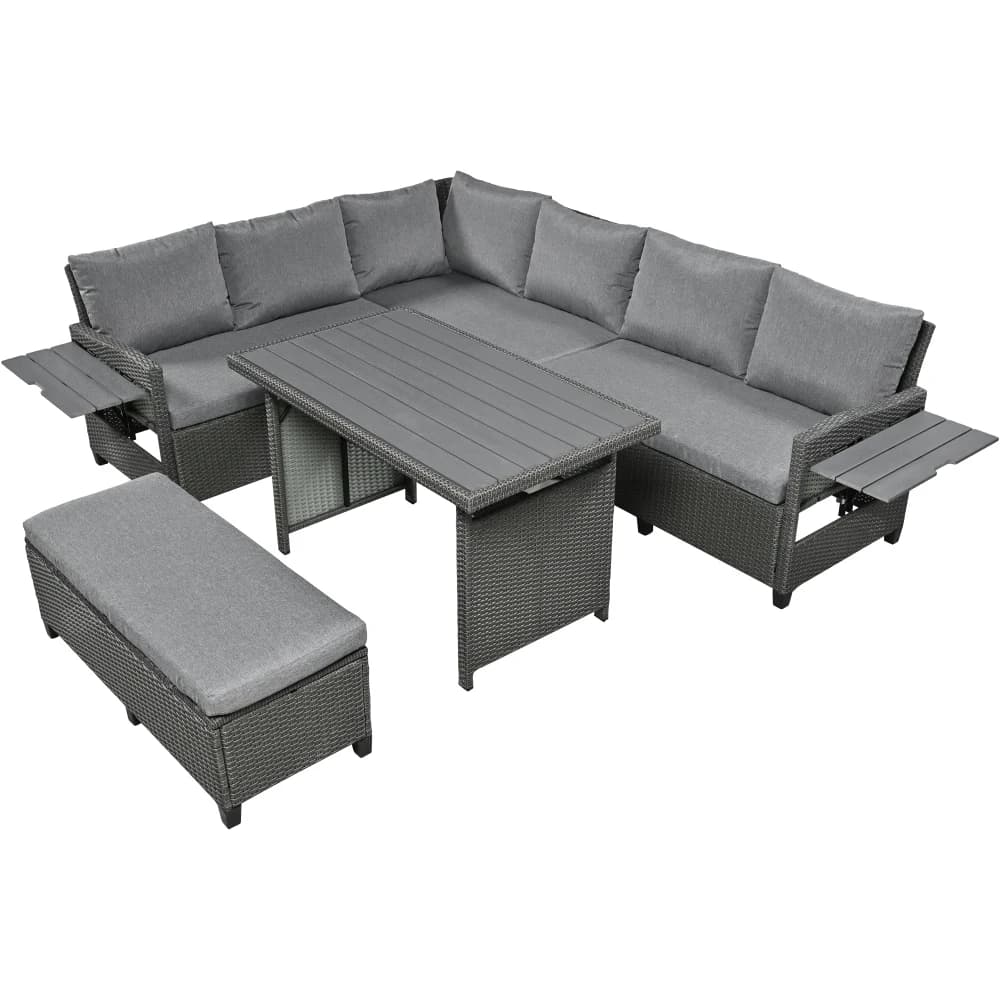 Ye TOMAX 5-Piece Outdoor Patio Rattan Sofa Set, Sectional PE Wicker L-Shaped Garden Furniture with 2 Extendable Side Tables, Dining Table & Washable Covers for Backyard, Poolside, Indoor - Grey