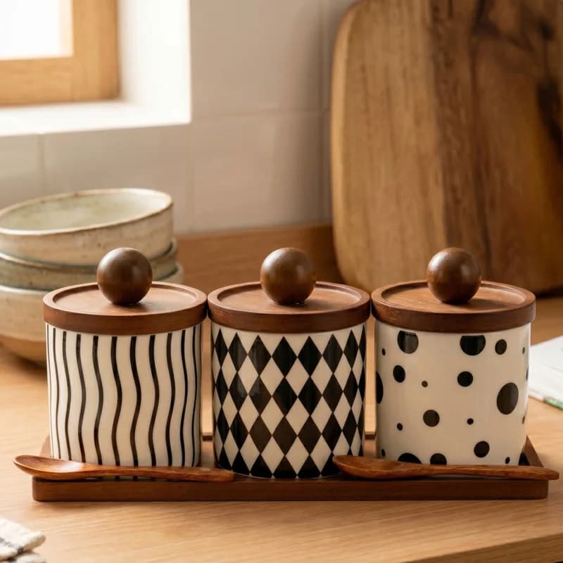Set di barattoli in ceramica per spezie, saliera e pepiera con cucchiai, elegante centrotavola rustico per la casa, ideale come regalo per la famiglia.