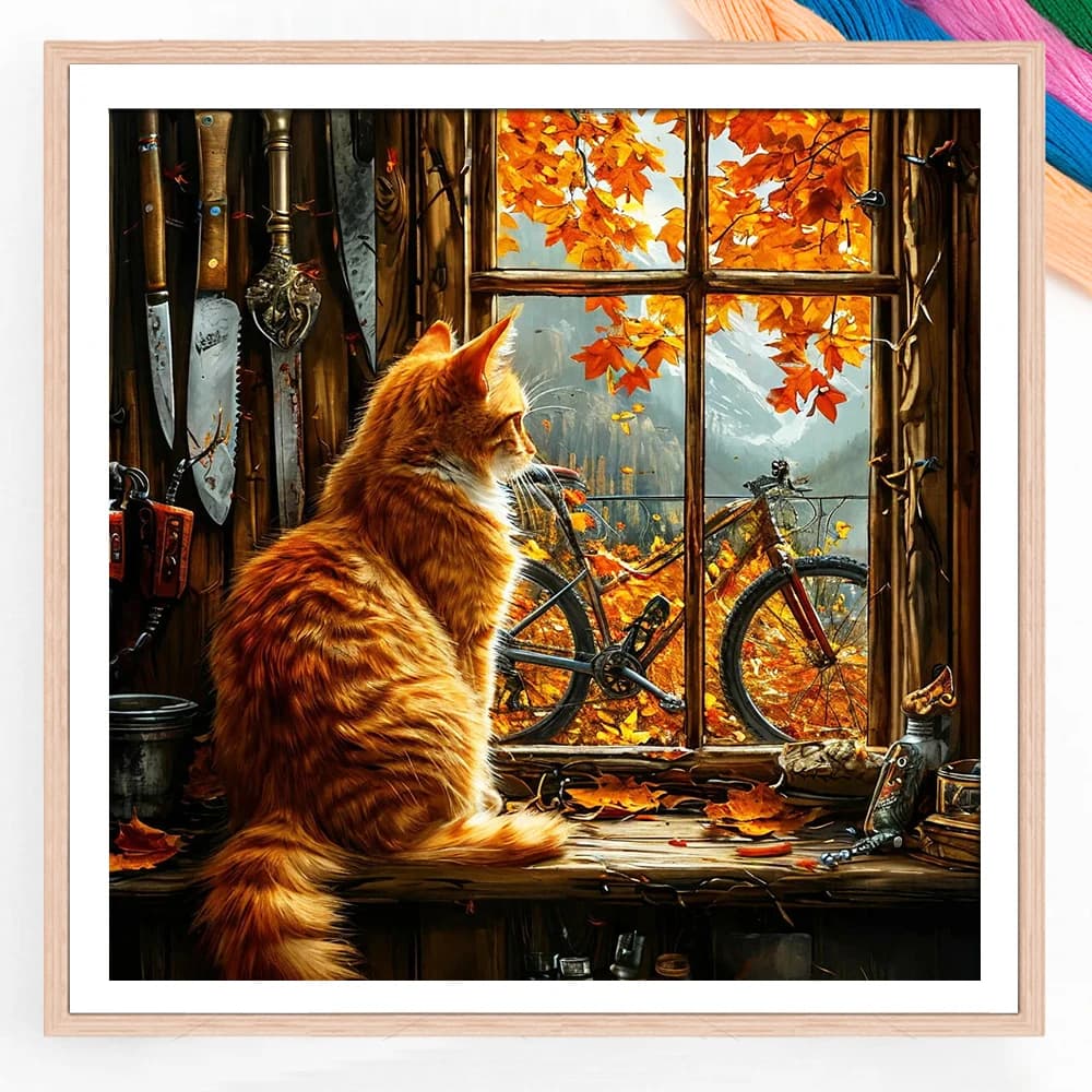 11CT Autumn Window Long haired Cat Cross Stitch Animal Theme Canvas Embroidery Kit New Arrival Decor for Home Gift