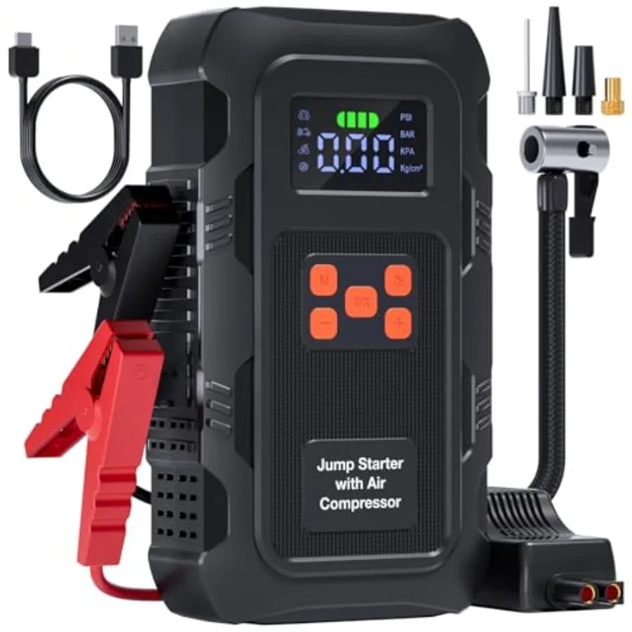 Avviatore di Emergenza 5000A con Compressore d'Aria, Avviatore Portatile per Batteria Auto con Gonfiatore Pneumatici da 150 PSI per Motori a Benzina fino a 10.0L e 8.0L
