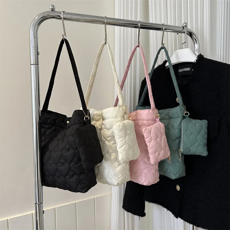 New Fashion Solid Color Quilted Tote Bag for Women Casual Down Cotton Padded Large Capacity Handbag Trendy Fluffy Shoulder Bag