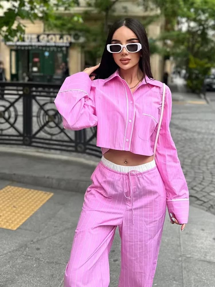 HH Camicetta corta a righe rosa moda donna Camicia monopetto slim a maniche lunghe Dolce ragazza Top Y2K Estate femminile Streetwear