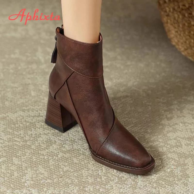 Aphixta Stivaletti da donna in pelle di lusso Cerniera posteriore Chiudi stivali moderni Tacchi alti Scarpe Donna Barche botines para mujeres