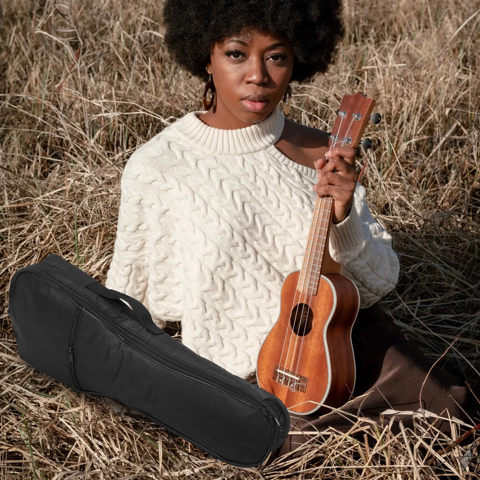 Borsa per ukulele da 1 pezzo in tessuto Oxford, materiale in cotone, portatile, leggera, per il trasporto all'aperto, nera
