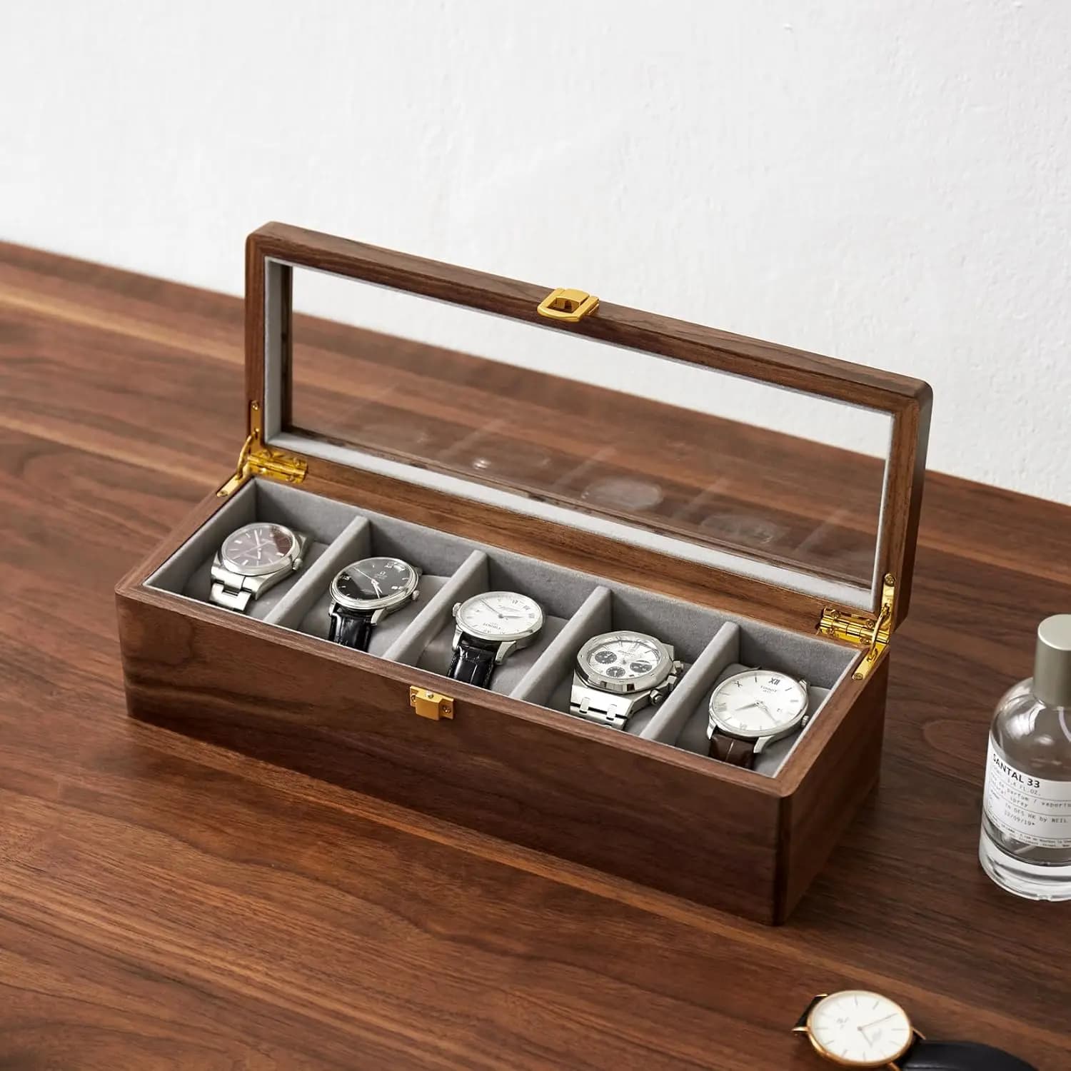 Solid Black Walnut Watch Box with Tempered Glass and Velvet Lining for Men and Women, 5 Slot Watch Case for Holiday Gifts