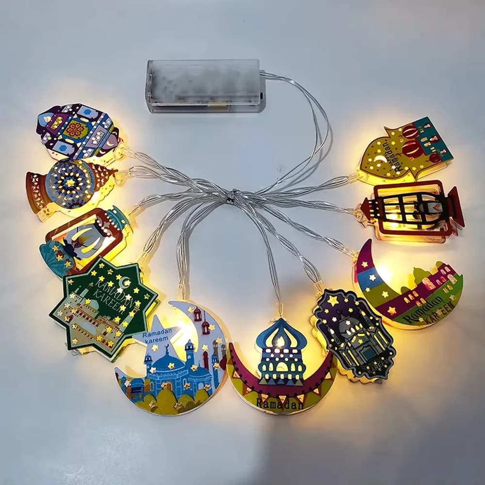 Luci a Stringa LED 10/20 per EID Mubarak, Funzionamento a Batteria, Illuminazione Colorata, Lampada a Olio LED, Lampada Artistica in Ferro a Forma di Luna, Stella e Castello