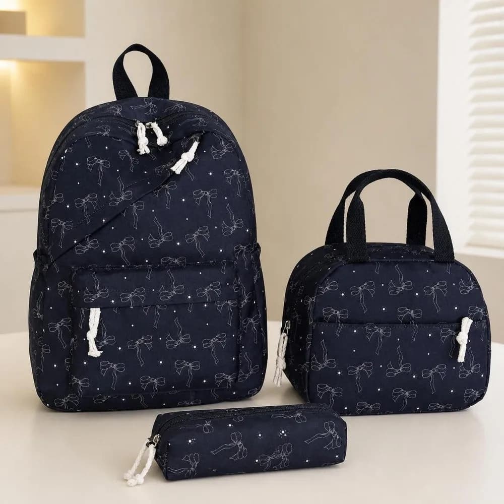 3PCS Bow Print Backpack,lunch Bag,Pencil Case Set Spacious Multicolor Schoolbag Set Lightweight Waterproof Student Rucksack Set