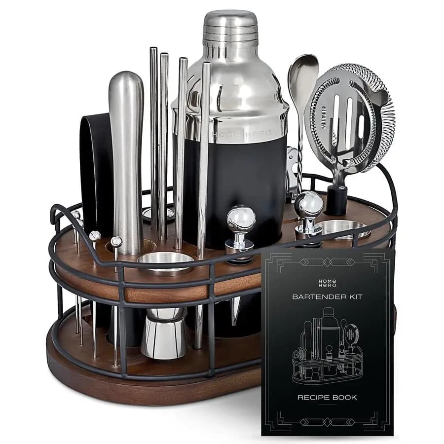 Kit da Barman 22 Pezzi con Shaker per Cocktail, Set di Utensili da Bar, Espositore in Legno, Accessori per Carrello Bar, Libro di Ricette e Regalo di Benvenuto