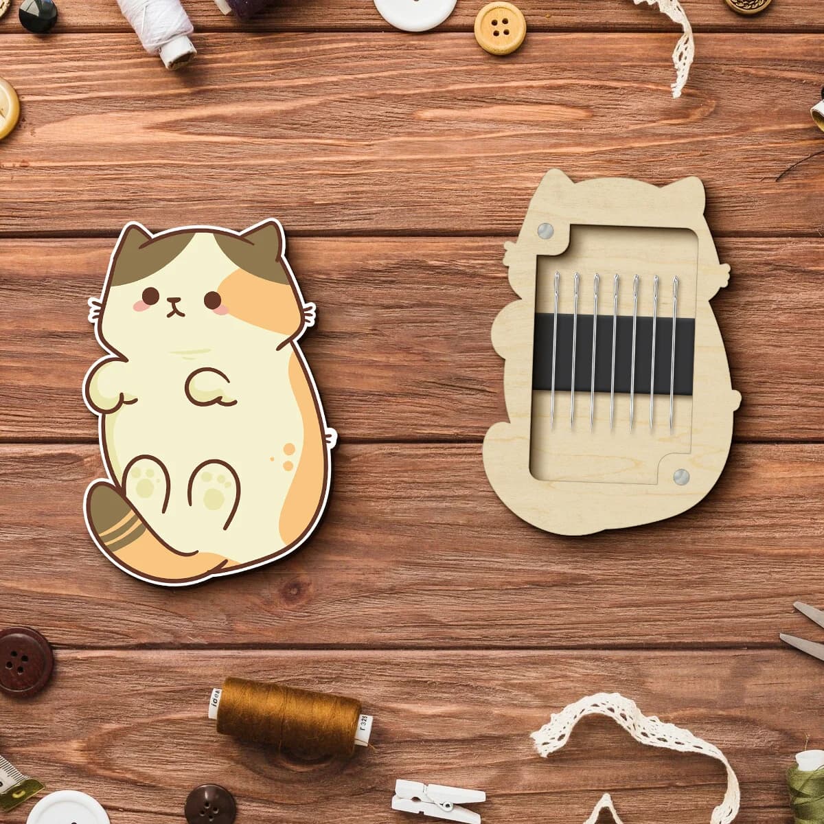 Cute Cat Magnetic Needle Box, Wooden Sewing Supply Storage, Durable Desk Organizer, Perfect Magnetic Closure
