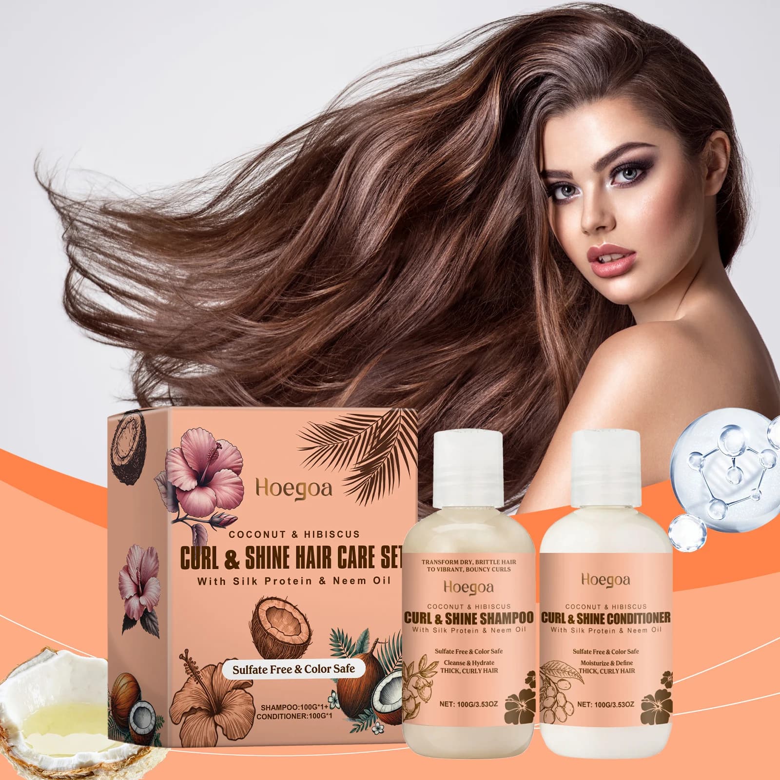 Hoegoa Set for care of coconut hair Shampoo / moisturizing balm for curling, elasticity and volumizing, moisture-rich repairing treatment