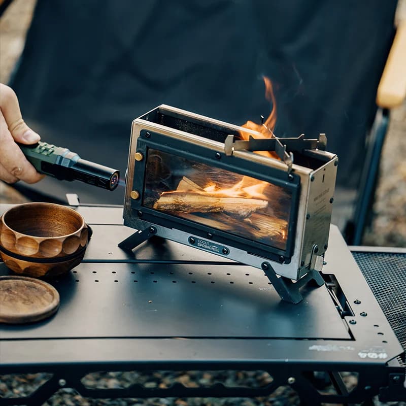 Portable Camping Stove with Caminetto Effect, Outdoor Wood Stove, Table Arms with Compact Design