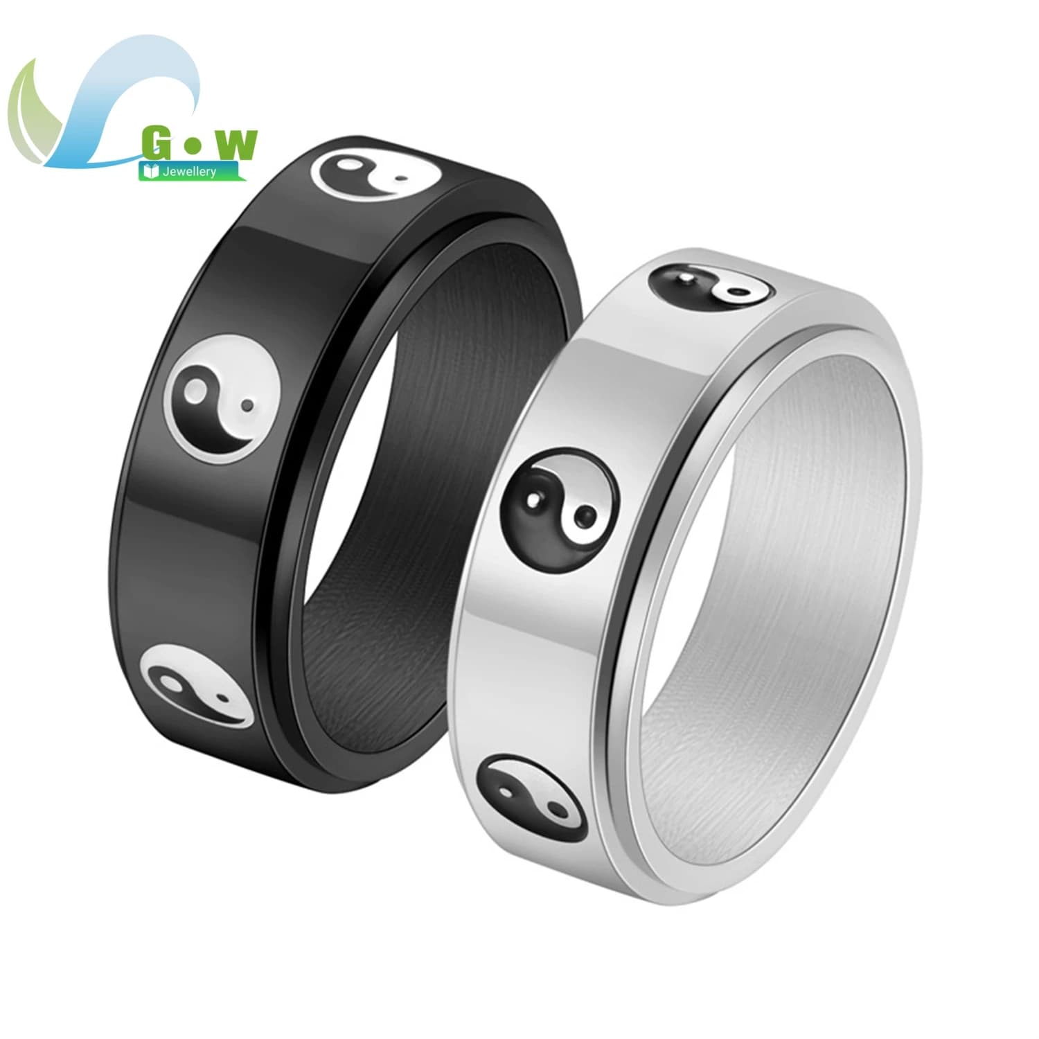 Anello Rotante Yin Yang Bianco e Nero in Acciaio Inossidabile, Simbolo Tai Chi, Gioiello Antistress Regolabile per Uomo