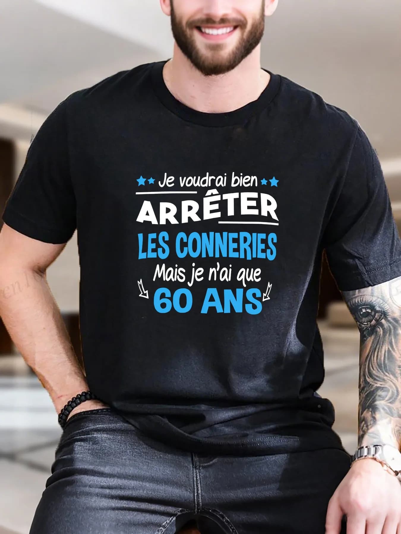 T-shirt a maniche corte stampata da uomo di nuova moda di arrivo Morbido 100% cotone Elegante logo Arafter con testo francese Design di frecce blu